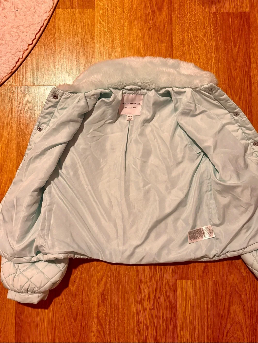 Janie and Jack Quilted Puffer Jacket with Faux Fur Collar - Pale Mint size 10-12